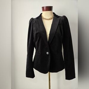 BANANA REPUBLIC Black Velvet Peplum Blazer With Puffed Shoulders. Size 10